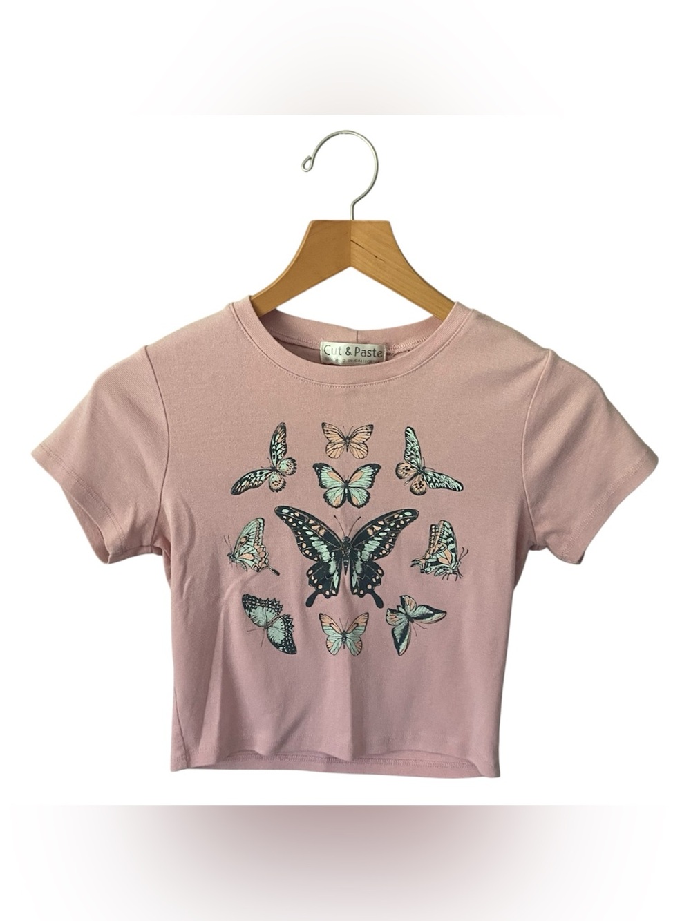 Cut & Paste Pastel Pink Butterfly Cottagecore Fairy Whimsy Women’s Crop Top Sz M